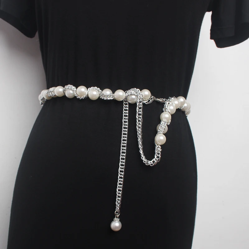 

New Girls gold silver Metal Waist Belt Body Chain Imitation Pearl Beads Waist Dress Chain Female ceinture luxury Belt For Women