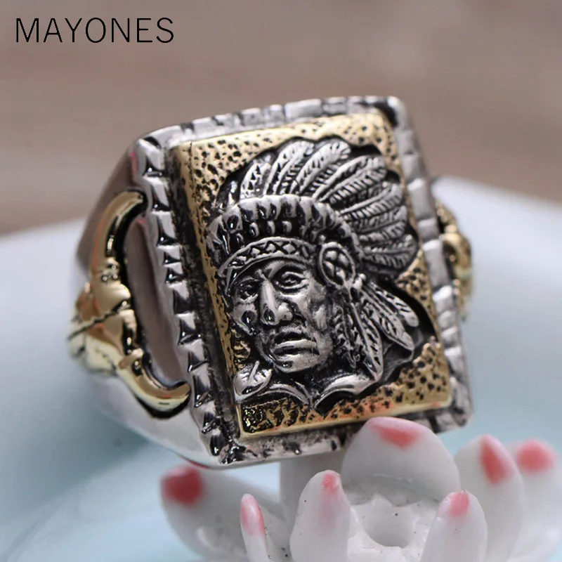

MAYONES Vintage 925 Sterling Silver Open Ring & Hand Carved Indian Chief and Bull Pattern for Personality Men's Punk Rings