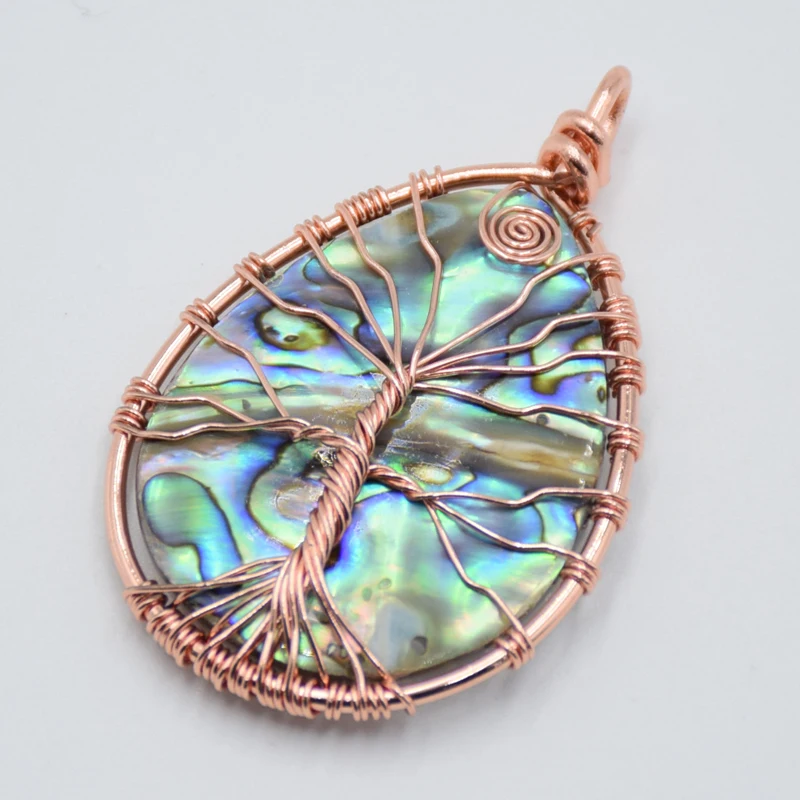 1pc Natural Handmade Copper Wire Winding Tree of Life Abalone Paua Shell Water Drop Pendant for Necklace Fashion Charm Jewelry