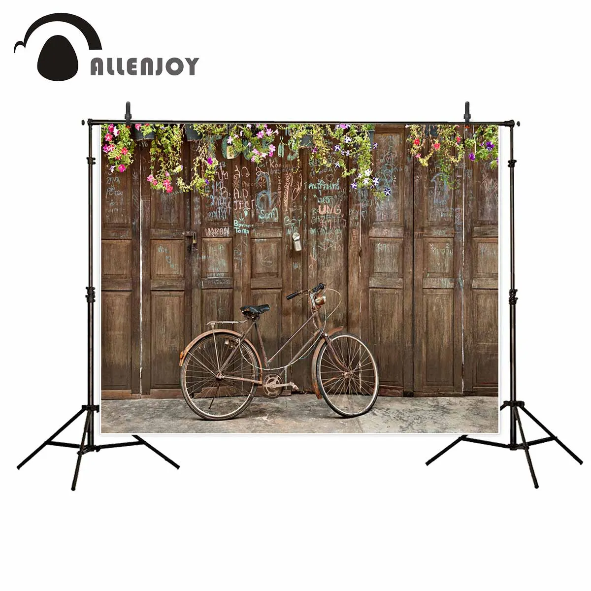 

Allenjoy photography backdrops vintage wooden board background bicycle leaves children's background photographic background