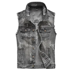 Men's gray holes ripped jean vest Slim sleeveless fringe denim tank top Fashion waistcoat