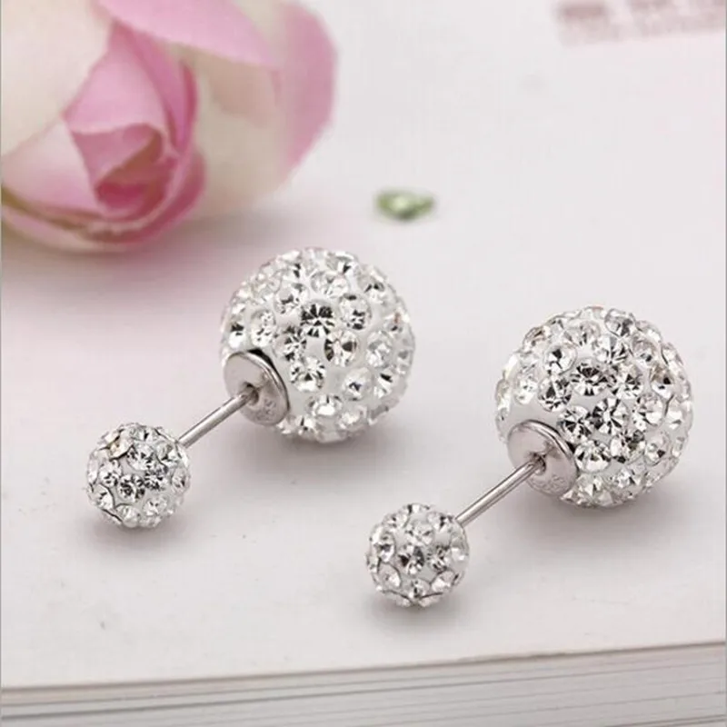 Noble Exquisite 925 Sterling Silver Jewelry Personality  New Beautiful Crystal Two Balls Bright Female Earrings  E220