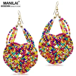 MANILAI Handmade Knitting Resin Beaded Bohemia Earring Women Fashion Jewelry Statement Geometric Pendants Dangle Earrings Big