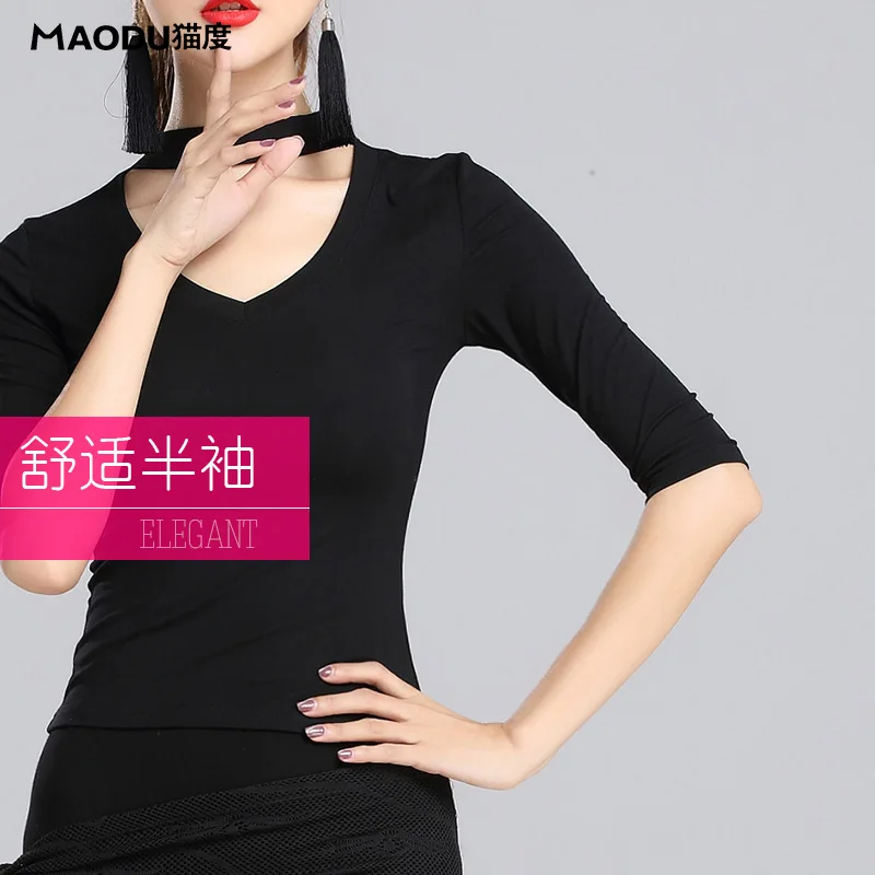 Black Modern Dancing Tops U-neck Half Sleeve Sexy Latin Dance Clothes Lady Ballroom Costume Performance Wears B-6938