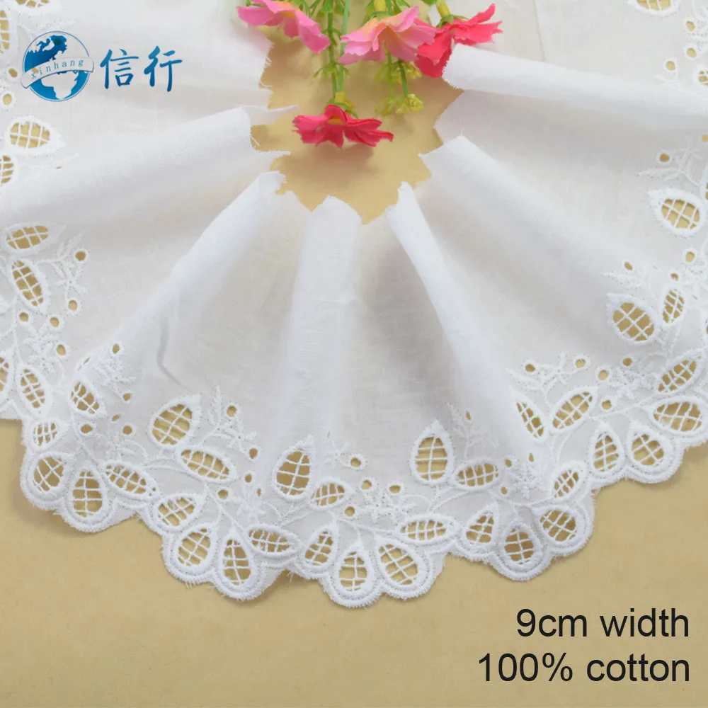 9cm Width Pure Cotton Embroidery White Lace Sewing Ribbon Guipure Trims Fabric Warp Knitting DIY Dress Garment Accessories#3615