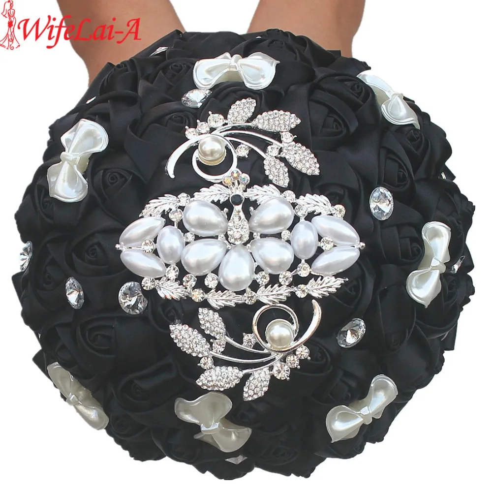 

WifeLai-A High Qualiy Pearls Diamonds Bride Wedding Bouquet Black Rose Bridal Mariage Brooch Bouquet Flowers Hot Style W2913