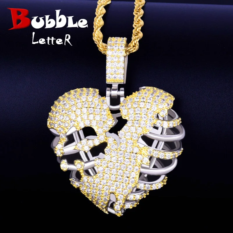 Broken Skeleton Heart Pendant Necklace AAA Cubic Zircon Men\'s Hip Hop Rock Jewelry