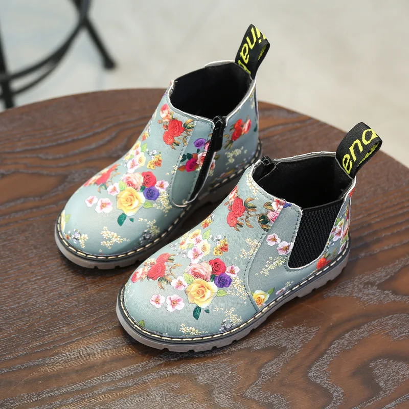 CNFSNJ new spring winter Girls Boots Floral Martin Boots 21-36 Kids Rubber Sole Graceful Flower Print PU Leather Bottes sneakers