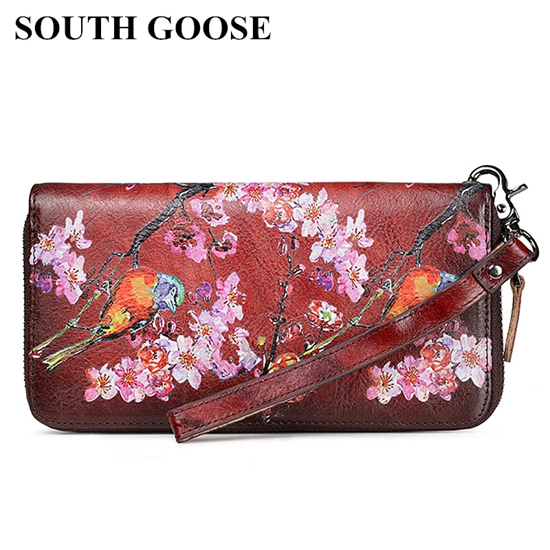 

SOUTH GOOSE Genuine Leather Women Wallets Female Long Clutch Lady Wallet Embossing Flower Brand Design Card Holder Money Bag