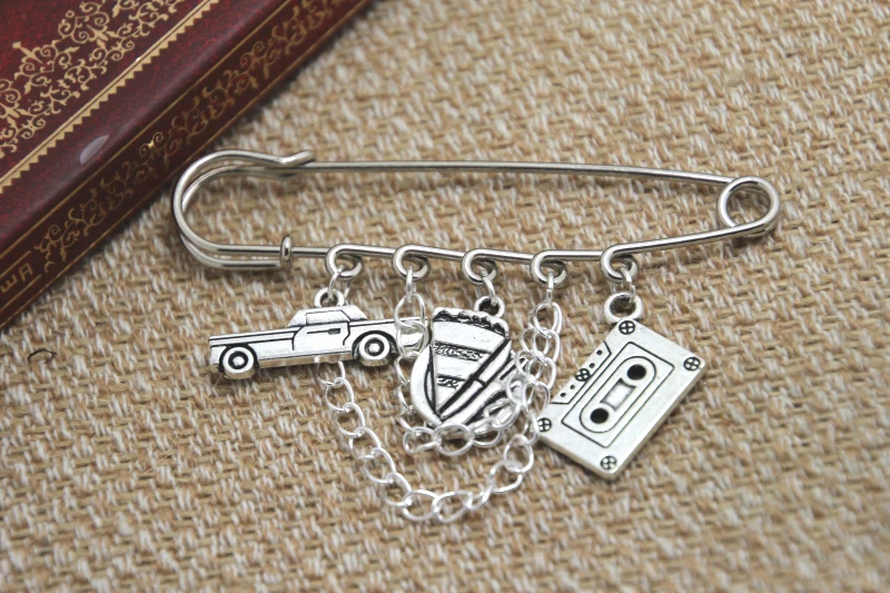 Super natural inspired Dean Winchester  themed charm with chain kilt pin brooch (50mm)