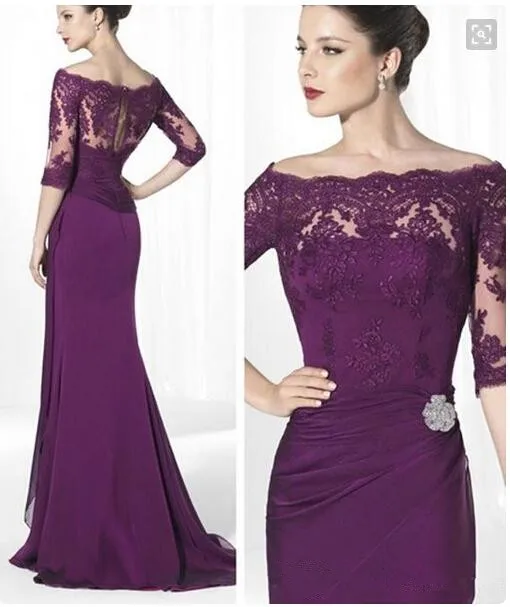 Purple Mother Of The Bride Dresses Mermaid Half Sleeves Chiffon Appliques Lace Formal Groom Long Mother Dresses For Wedding