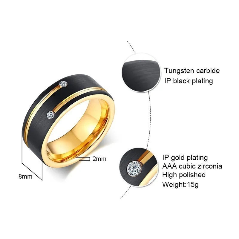 Vnox Free Custom Name Ring for Men Black Tungsten Carbide Wedding Band with Gold Color Lines AAA CZ Stones Gent Anel