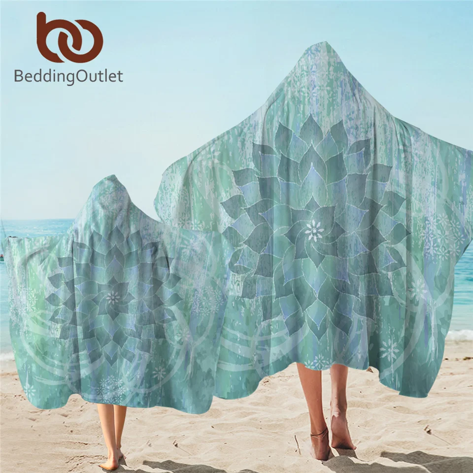 

BeddingOutlet Mandala Hooded Towel for Adults Floral Lotus Microfiber Bath Towel With Hood Boho Green Wearable Travel Beach Wrap