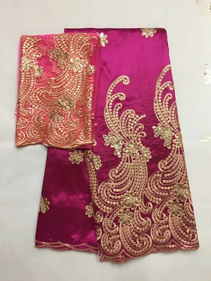 

5Yards Hot sale fuchsia african George lace fabric with gold sequins and 2yards french net lace set for clothes JG28-2