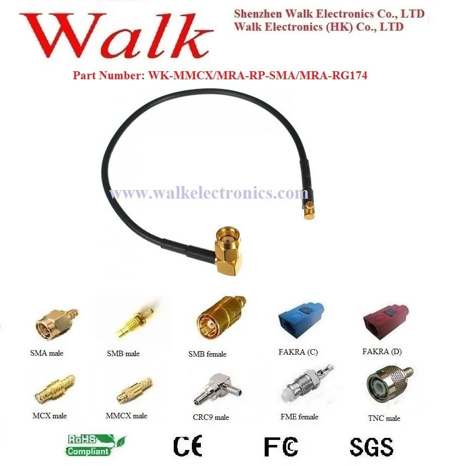 RF cable assembly / Jumper cable / Pigtails: MMCX male right angle to RP-SMA male right angle with RG174 cable