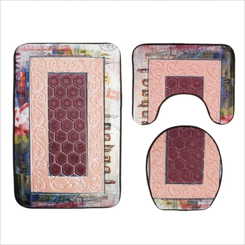 Occident Style Embossing 3D hexagon pattern Flannel Toilet Pad 3PCS Bathroom Floor Mat Set Anti-Skid Toilet Floor Rugs