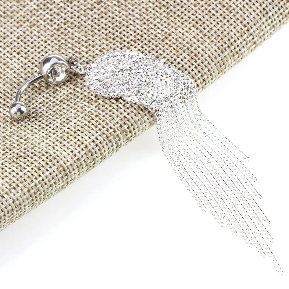 1pc Trendy Long Tassel Belly Button Ring with Rhinestone Charm Surgical Steel Navel Piercing Dangle Belly Piercing Body Jewelry