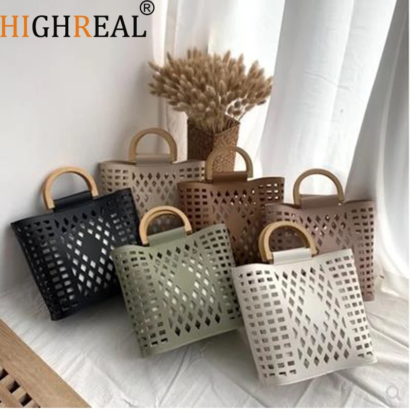 Women Bags Handbags Famous Brands Hollow Out Beach Bag Bolsa Feminina Wood Handle Tote Bags PU leather Shoulder Bag Purses