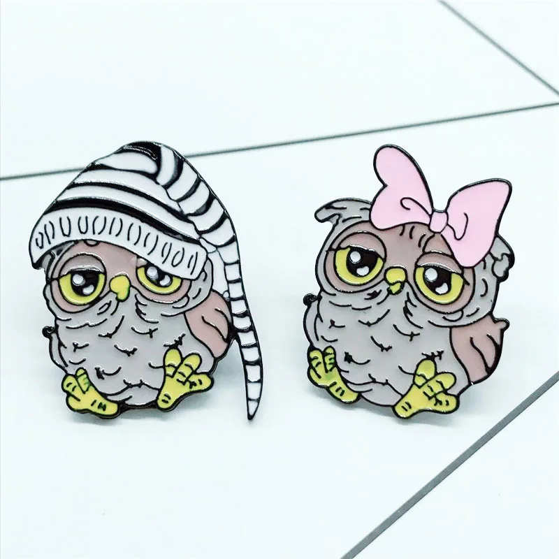 New Owl Brooch Bow Owl Long-tailed Owl Couple Animal Brooch Gift Child Cute Cartoon Badge Gift Jewelry Backpack Clothing Pendant