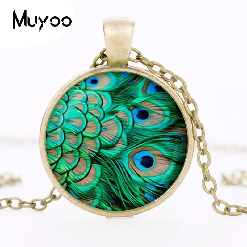 Peacock Pendant Handmade Peacock Necklace Vintage Round green Jewelry Art Print Peacock Jewelry Accessories HZ1