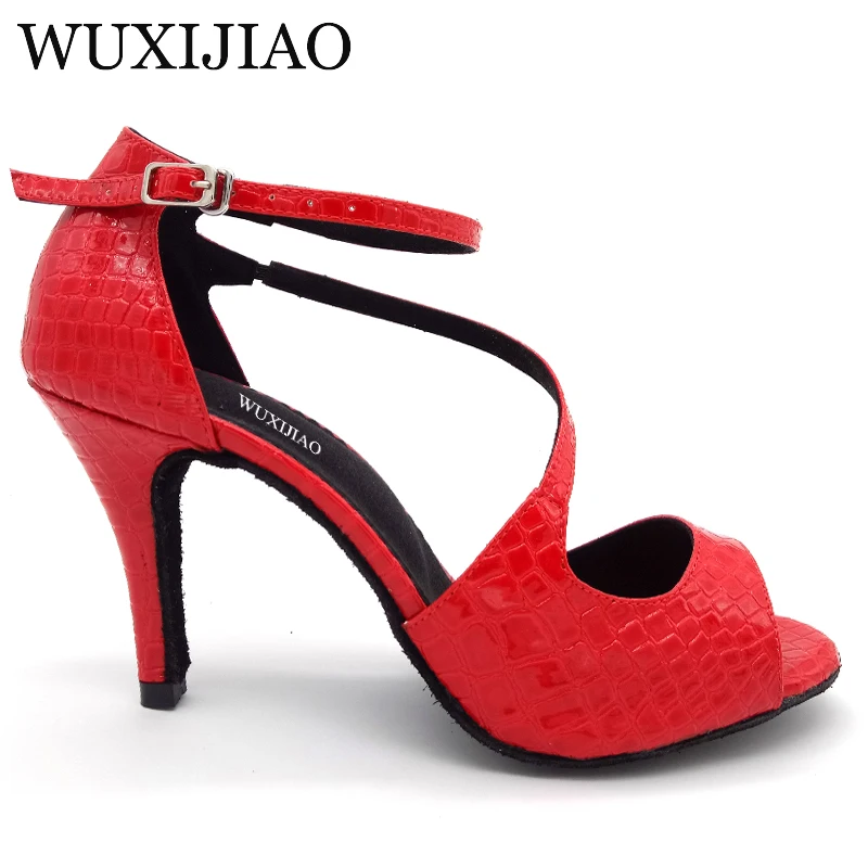 WUXIJIAO 2018 New Red Black Crocodile texture PU Women\'s Latin Dance Shoes High Heel Shoes Sandals Salsa Party Performance shoes