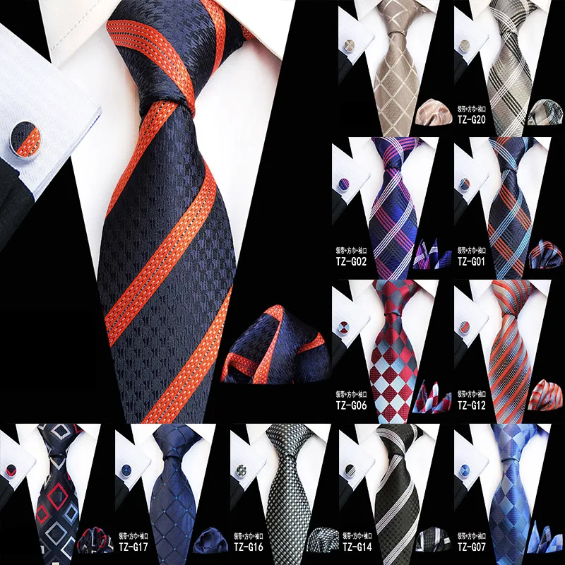 New Design Plaid Tie Set Jacquard Weave Silk Tie Gravata Handkerchief Cufflinks Set Pocket Square Men Necktie Wedding Party Gift