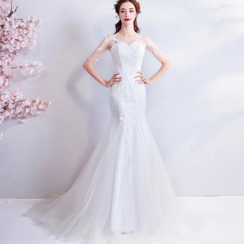 

Elegant Mermaid Wedding Dresses Illusion Short Sleeves Scoop Neck Covered Button Back Wedding Gowns Robe De Mariee 2019