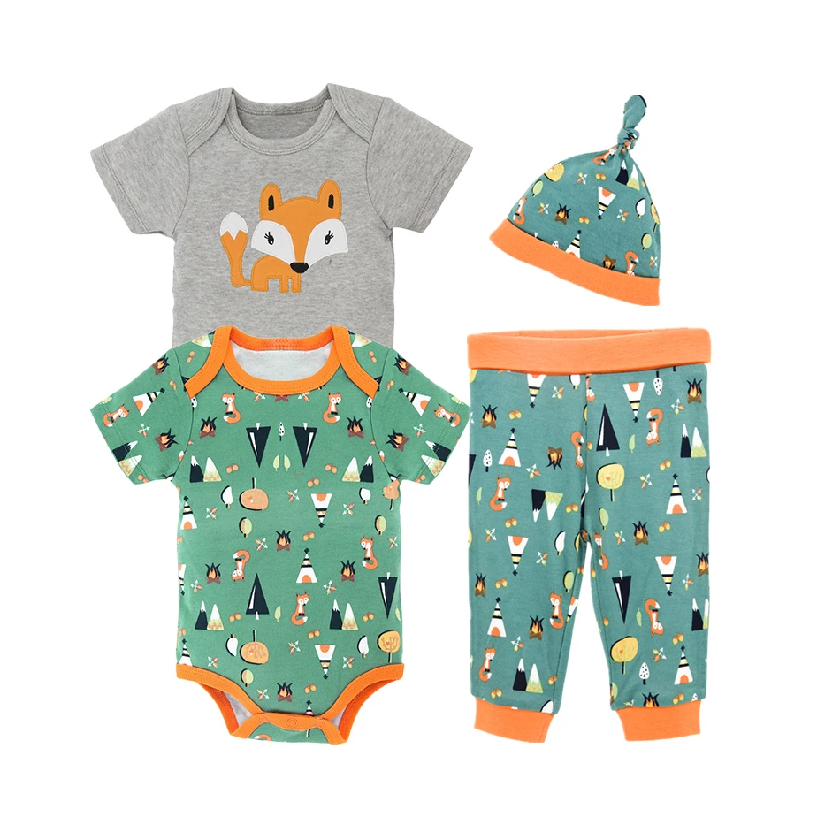 

Kavkas New 4pcs Baby Sets Summer Baby Boys Clothes Set Baby Cartoon Bodysuit Pants Hat Suit for Baby Gift
