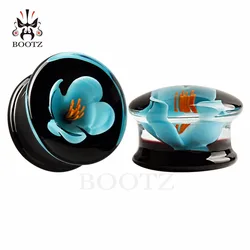 KUBOOZ 1Pair Flower Stone Ear Gauges Natural Plugs, Drum Shape Tunnels 00G, Boho Body Jewelry, Piercing Stretching Kit