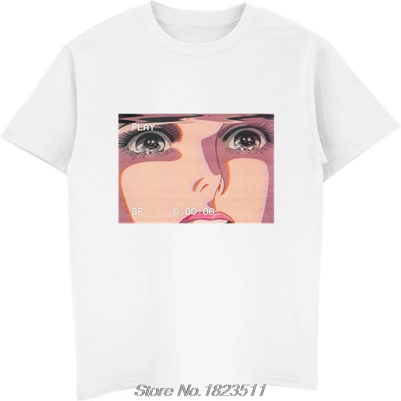 Sad Retro Anime Crying Eyes Vaporwave T-Shirt Men Short Sleeve Tshirt Casual Tees Tops Harajuku Streetwear