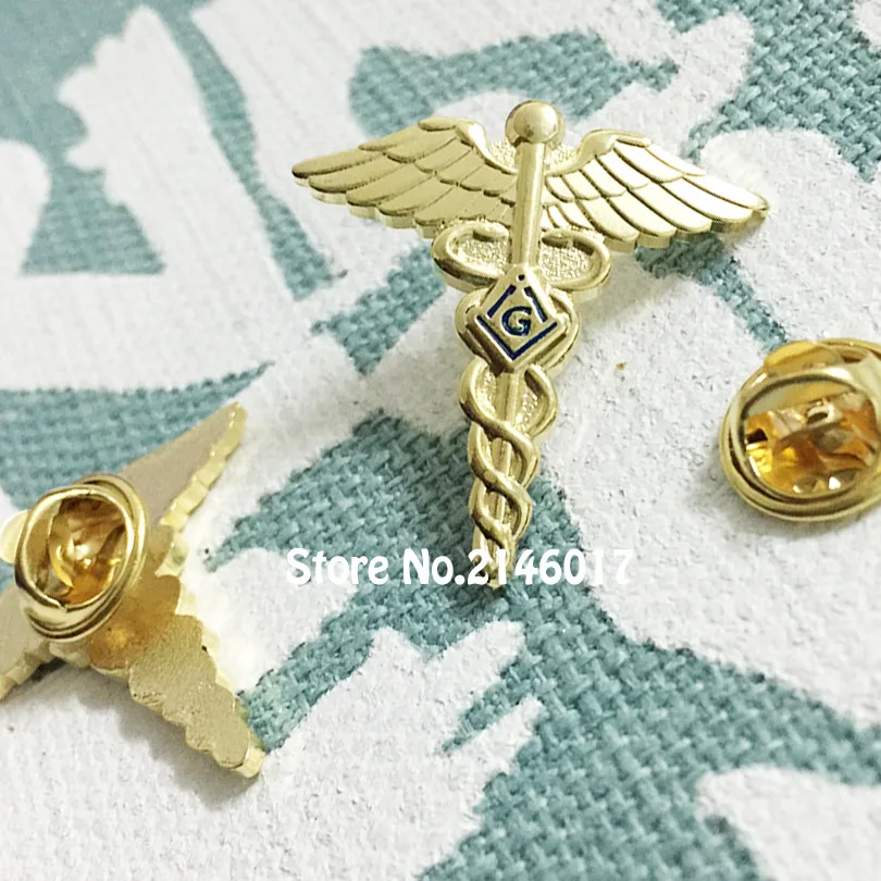 New Free Masons Badge Metal Craft Masonic Lapel Pin Medical Doctor Pins and Brooch Freemason Lodge Masonry Wings Snake Symbol