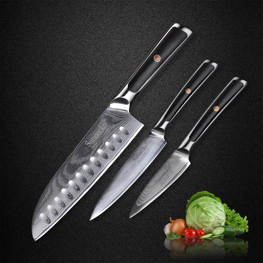 

SUNNECKO Damascus Steel Chef Knives Set 7'' Santoku 5'' Utility 3.5'' Paring Knife 73 Layers Japanese Style Cooking Accessory