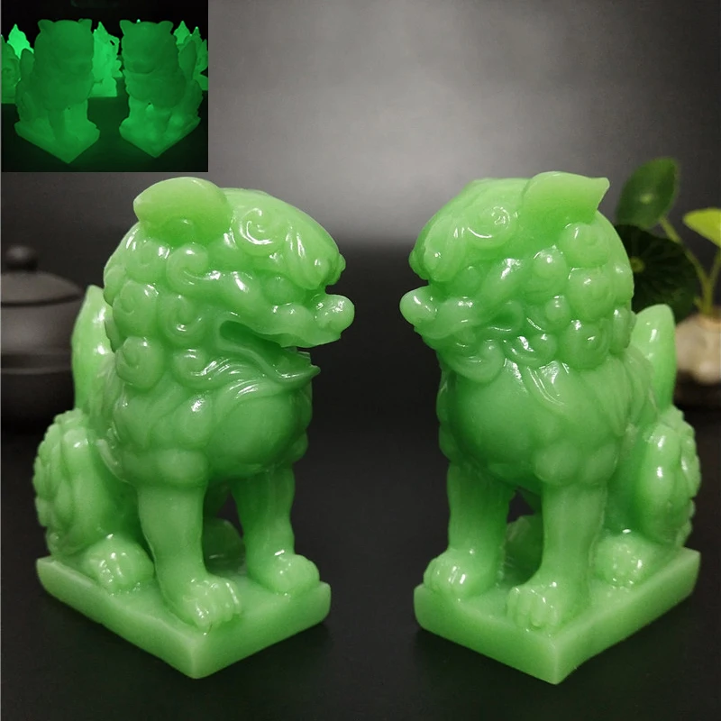 2 Pcs Glowing Chinese Lions Statue Fu Foo Dogs Sculptures Figurine Luminous Man-made Jade Stone Decoration Statues For Home