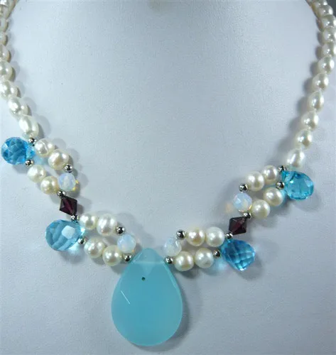 

Lady's charm white pearl& moonstone/blue jade bead necklace pendant