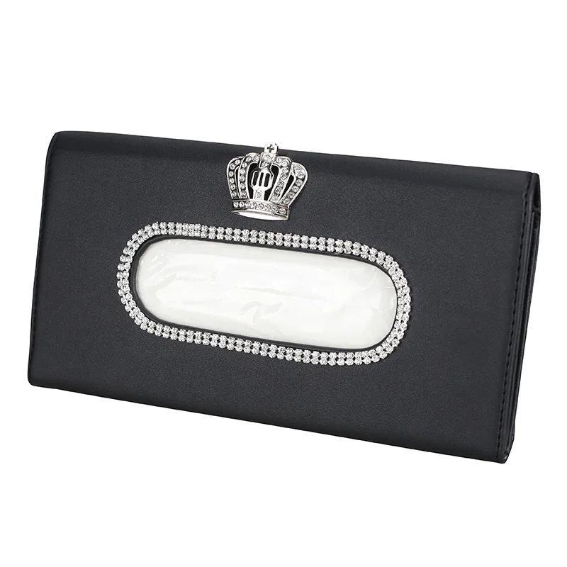 Universal Leather Car Tissue Holder Rhinestone Crown Car Sun Visor Type Napkins Paper Tissue Box Organizer Car Accessories