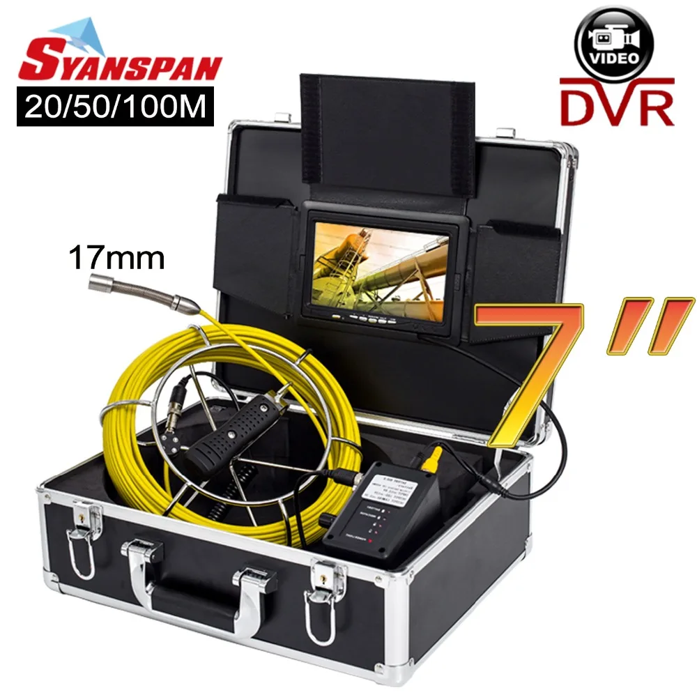 

SYANSPAN 20/50/100M Pipe Inspection Video Camera, 17mm 8GB SD Card DVR IP68 Drain Sewer Pipeline Industrial Endoscope 7" Monitor