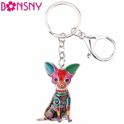 Bonsny Enamel Alloy Sitting Chihuahuas Dog Key Chain Keychain Rings Gifts For Women Girls Bag Car Pendant Fashion Animal Jewelry