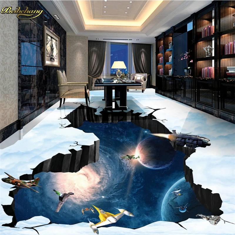 beibehang Custom Photo 3D Floor Painting Wallpaper Universe Earth Galaxy Spacecraft 3D Floor Painting papel de parede