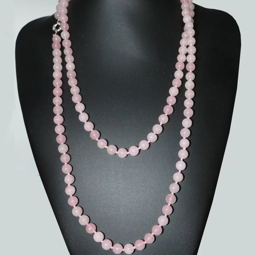 Long chain round beads necklace for women 8mm pink natural stone jades crystal chalcedony fashion women jewelry 50inch B2921