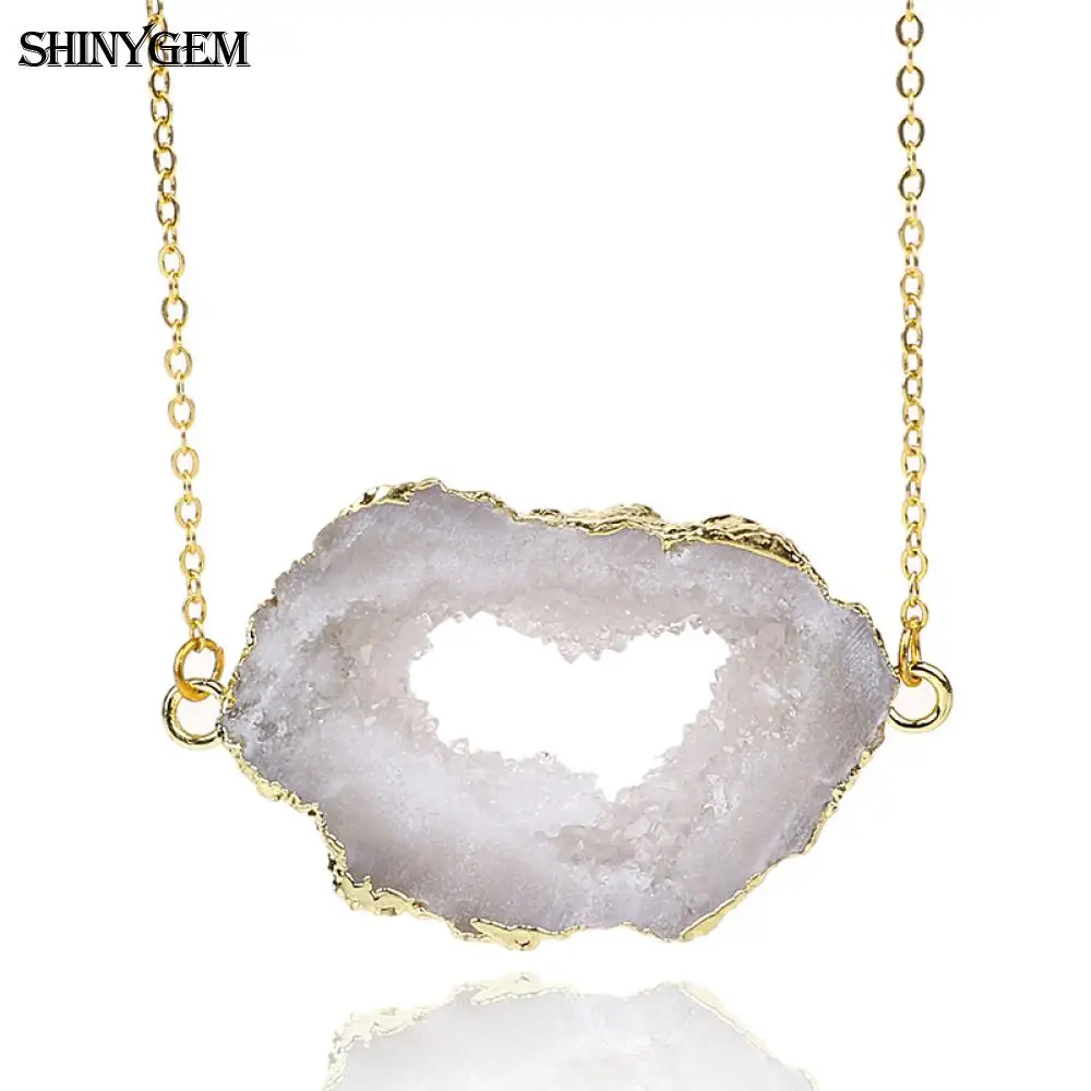 

ShinyGem Irregular White Clear Crystal Necklace Gold Plating Chain Necklace Natural Stone Druzy Geode Pendant Necklace For Women