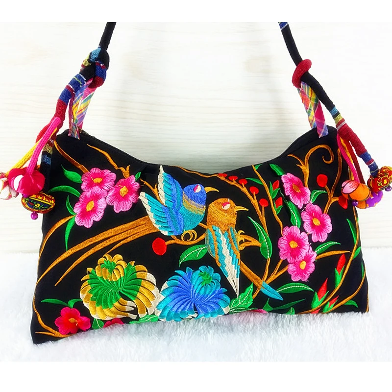 Hot sales black canvas Pattern bags embroidery womens Shoulder Bags Handmade Cloth colors pompon small crossbody bags