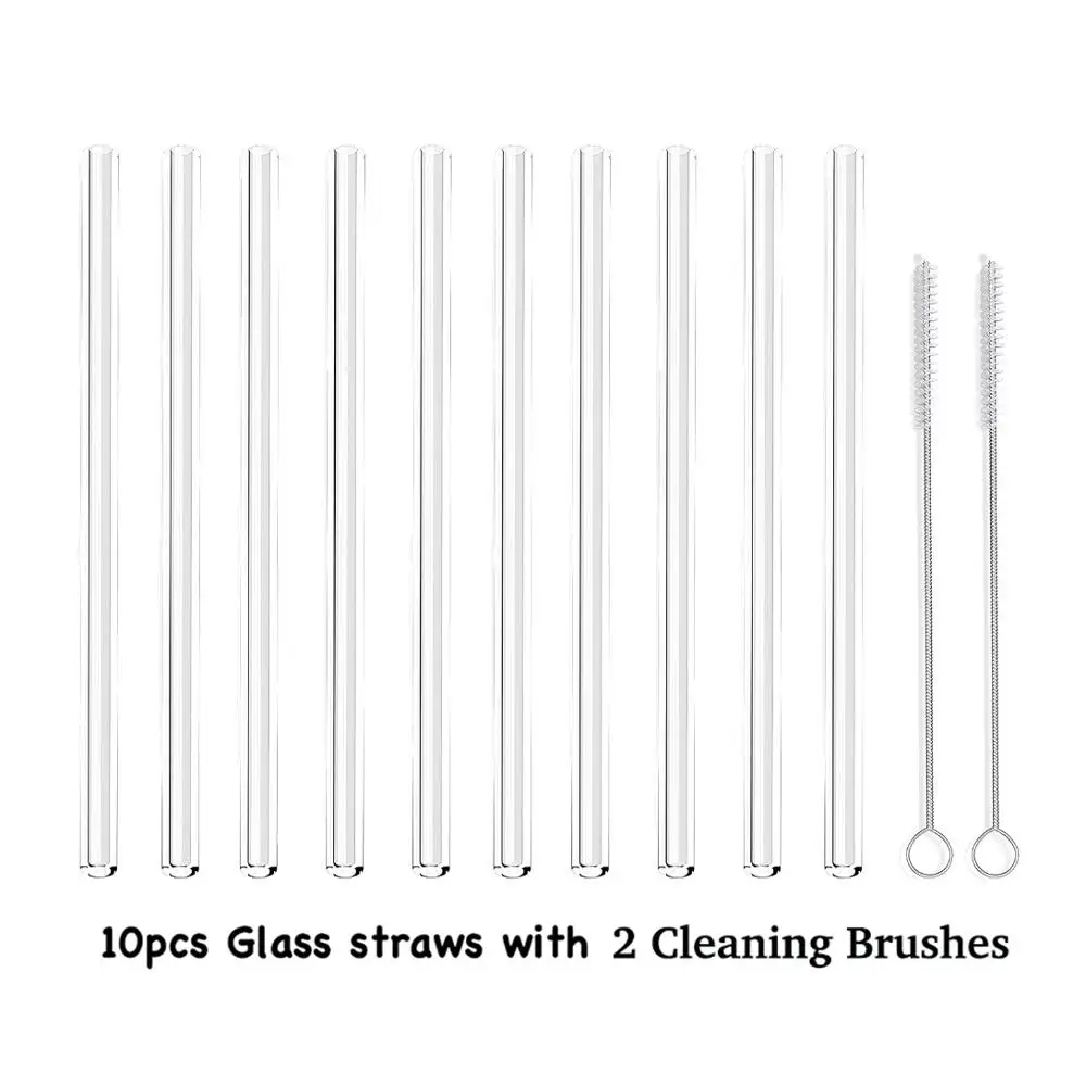 10PCS Glass Straws Clear Straight - Perfect Reusable Straw For Smoothies, Tea, Juice, Water, Essential Oils -With Cleaning Brush