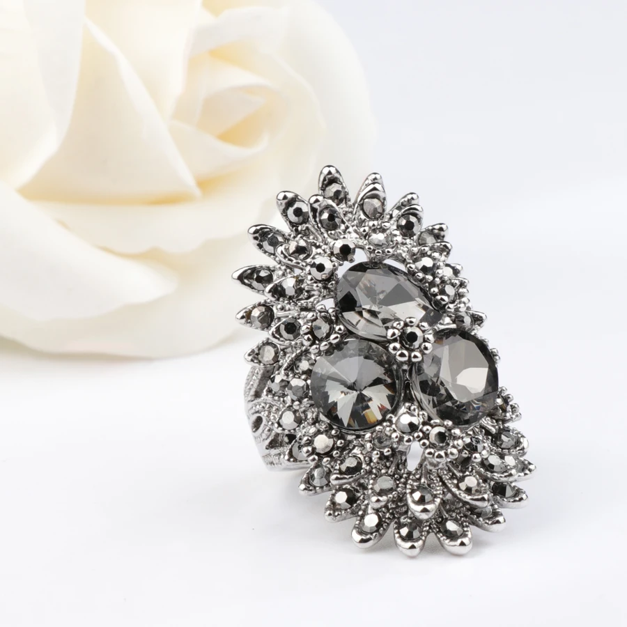 2 Colors Fashion Black Crystal Leaves Ring Silver Color Big Punk Rings For Women Bulgaria Jewelry