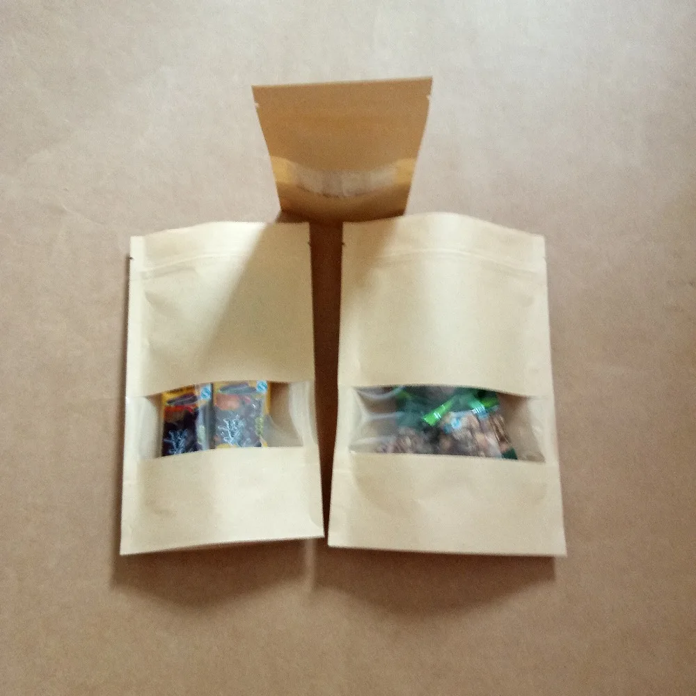 

1000pcs Stand Up Clear Window Brown kraft paper bags 16*26+4cm with Zipper lock for Food/Tea/Nut/Coffee Resealable Packaging Bag