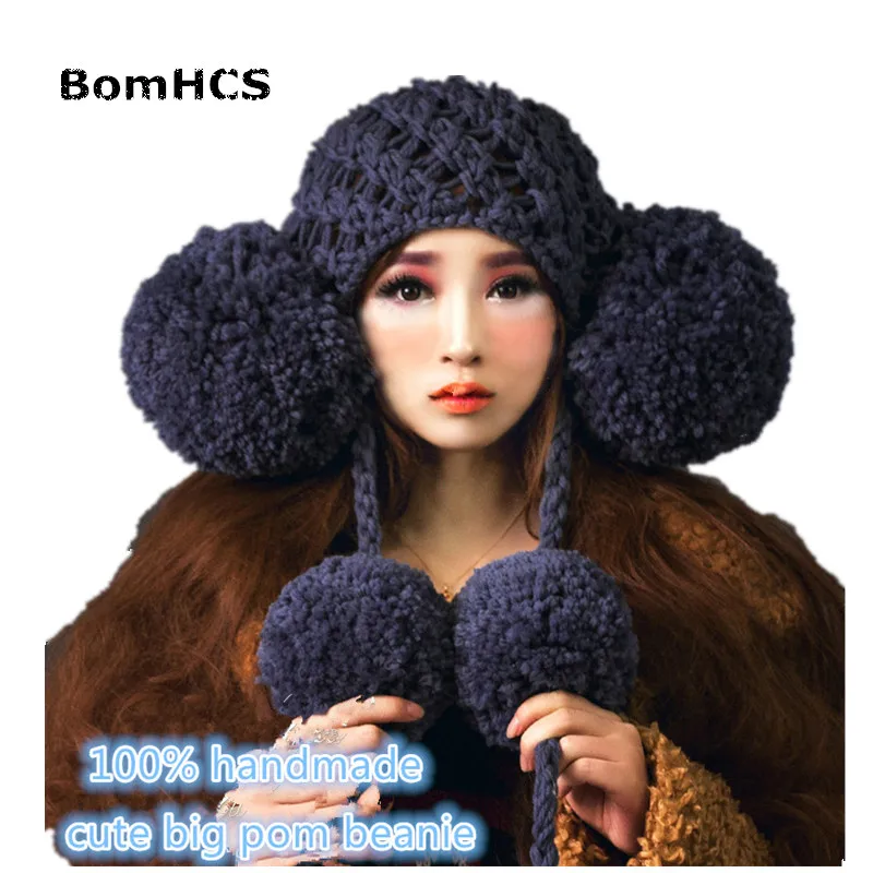 BomHCS 14 Colors Fashion Beautiful Women's Big Pompoms Hollow Beanie 100% Handmade Knitted Hat Cap