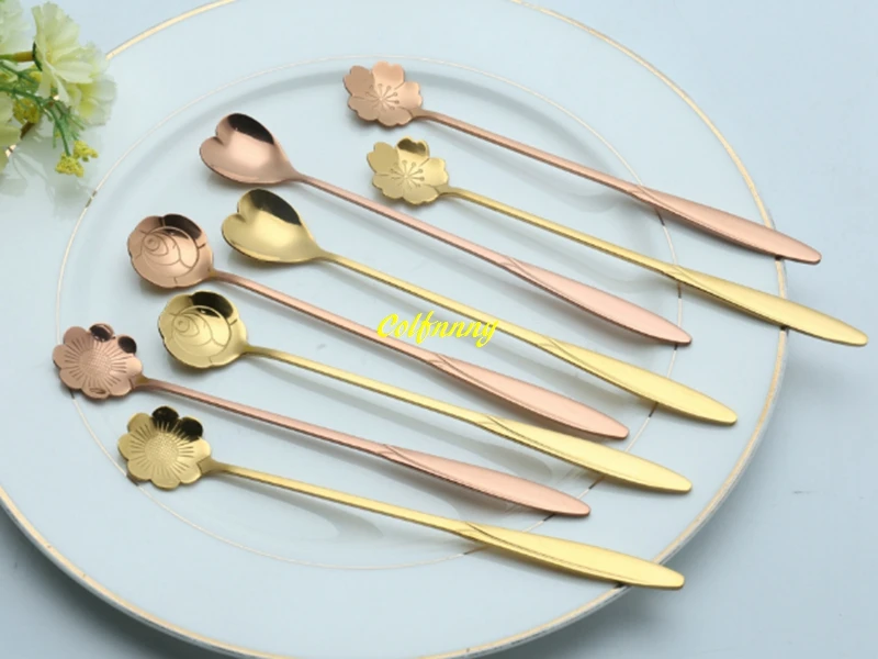 1000pcs/lot Fast shipping 18cm long handle Stainless Steel Spoon Flowers heart shape Coffee Spoon Tea Spoons