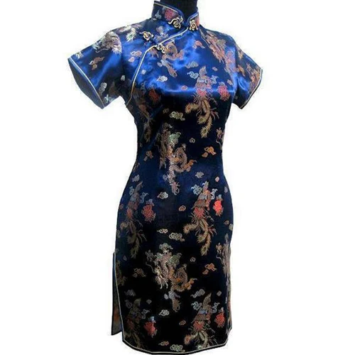 Vestido chino tradicional azul marino para mujer, Qipao corto de satén con botones Vintage, Cheongsam de dragón de talla grande 3XL 4XL 5XL 6XL