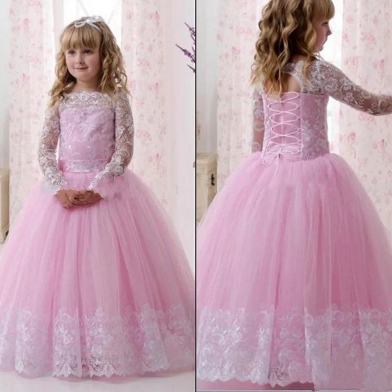 

Lovely Flower Girl Dresses Fluffy Tulle Long Sleeve Gown Lace Appliques Girls Pageant First Holy Communion Dresses