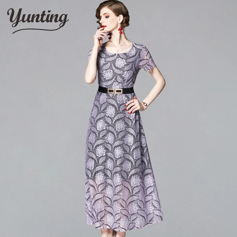 

Summer Lace Dress Work Casual Slim Fashion O-neck Sexy Hollow Out Embroidery Dresses Women A-line Vintage Vestidos