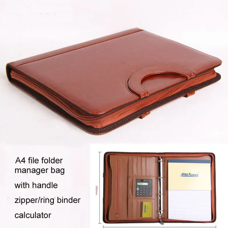 zipper A4 leather file folder expanding document bag briefcase padfolio handbag with handle calculator ring binder 442B